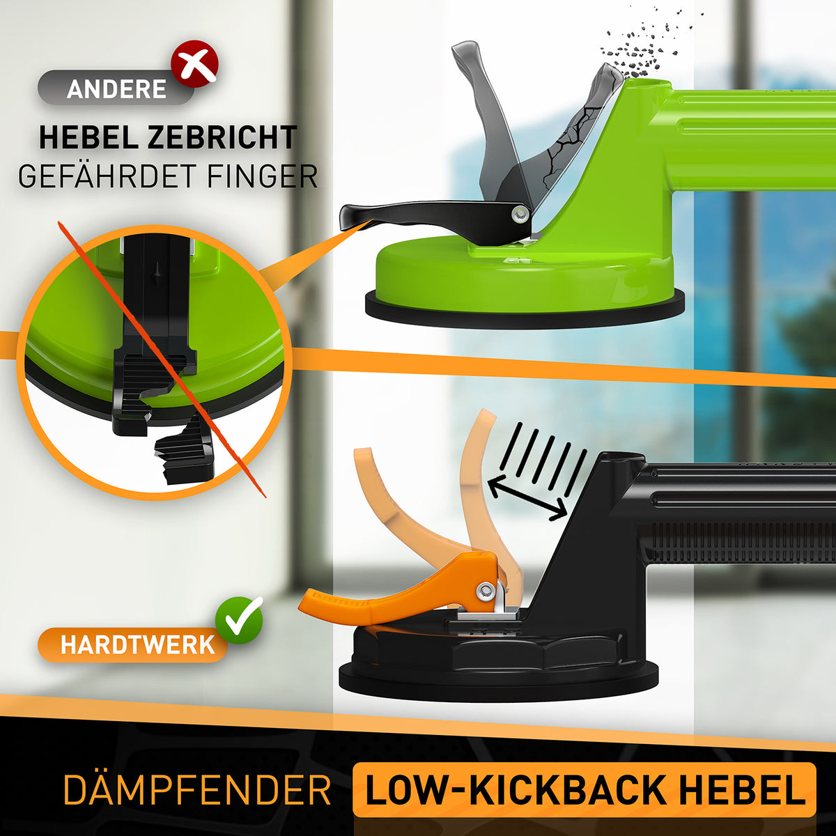 Multifunktionaler Saugheber - 2er Set mit dämpfendem Low-Kickback Hebel für sicheren und ergonomischen Halt ohne Fingergefahr.