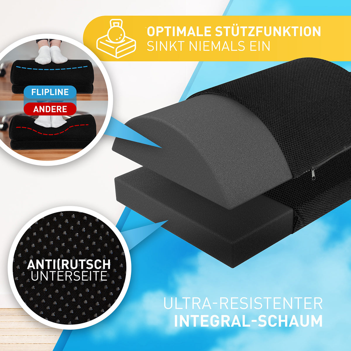 Schreibtisch-Fußstütze Mesh - Schwarz mit ultra-resistentem Integral-Schaum und rutschfester Noppenunterseite für optimalen Komfort.