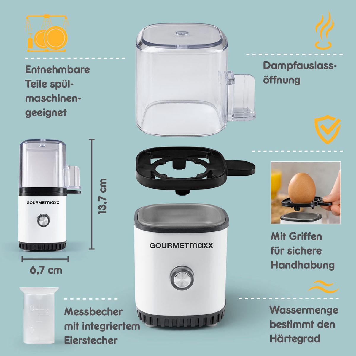 Design-Eierkocher 1 Ei - Weiß mit abnehmbaren Teilen, Dampfauslass, Griffen und Messbecher für perfekte Eier zubereiten.