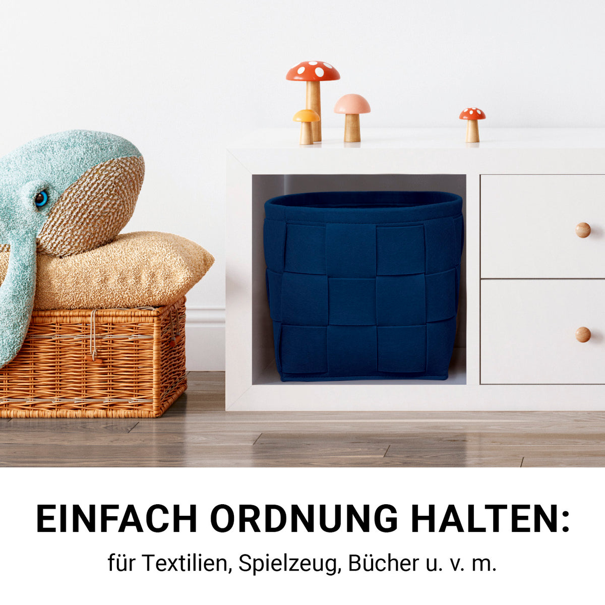 Filz-Aufbewahrungskorb M - 32 x 32 x 32 cm - Dunkelblau, faltbar, moderner Scandi Stil, ideal zur ordentlichen Aufbewahrung im Haushalt.