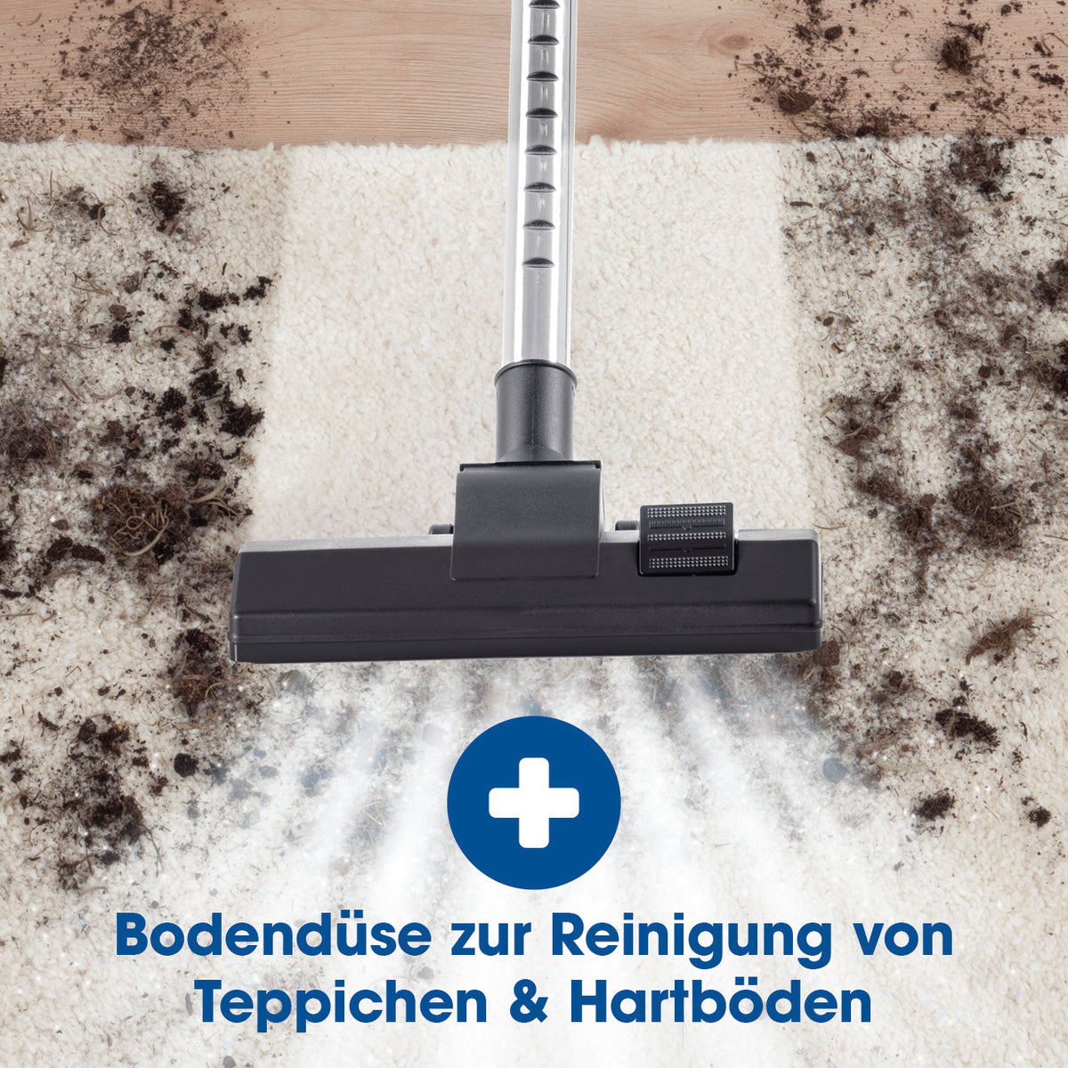 Kabelloser Hand- und Bodenstaubsauger reinigt kraftvoll Teppiche und Hartböden mit verstellbarem Teleskoprohr und starker Saugkraft.