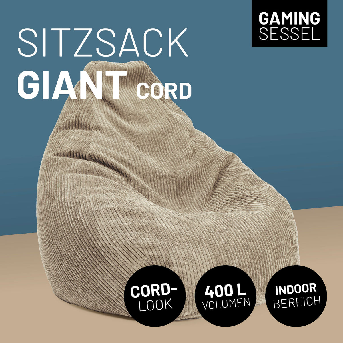 Sitzsack GIANT aus der Cord-Reihe - Beige, 400L Volumen, kuscheliger Sitzsack im Boho-Vintage-Look für modernen Indoorbereich.