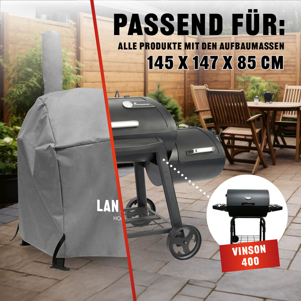 Premium Wetterschutzhaube - 93 x 147 x 125 cm - Grau, wasserfest und robust zum Schutz von Grills wie Vinson 400.