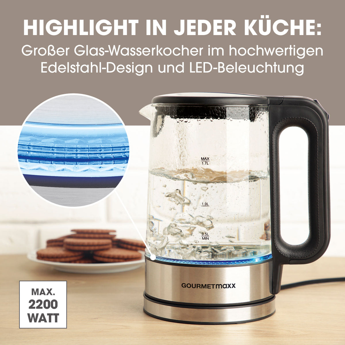 Glas-Wasserkocher LED 1,7l - Edelstahl/schwarz mit Wasserstandsanzeige, LED-Beleuchtung und kabellosem 360° drehbarem Sockel.