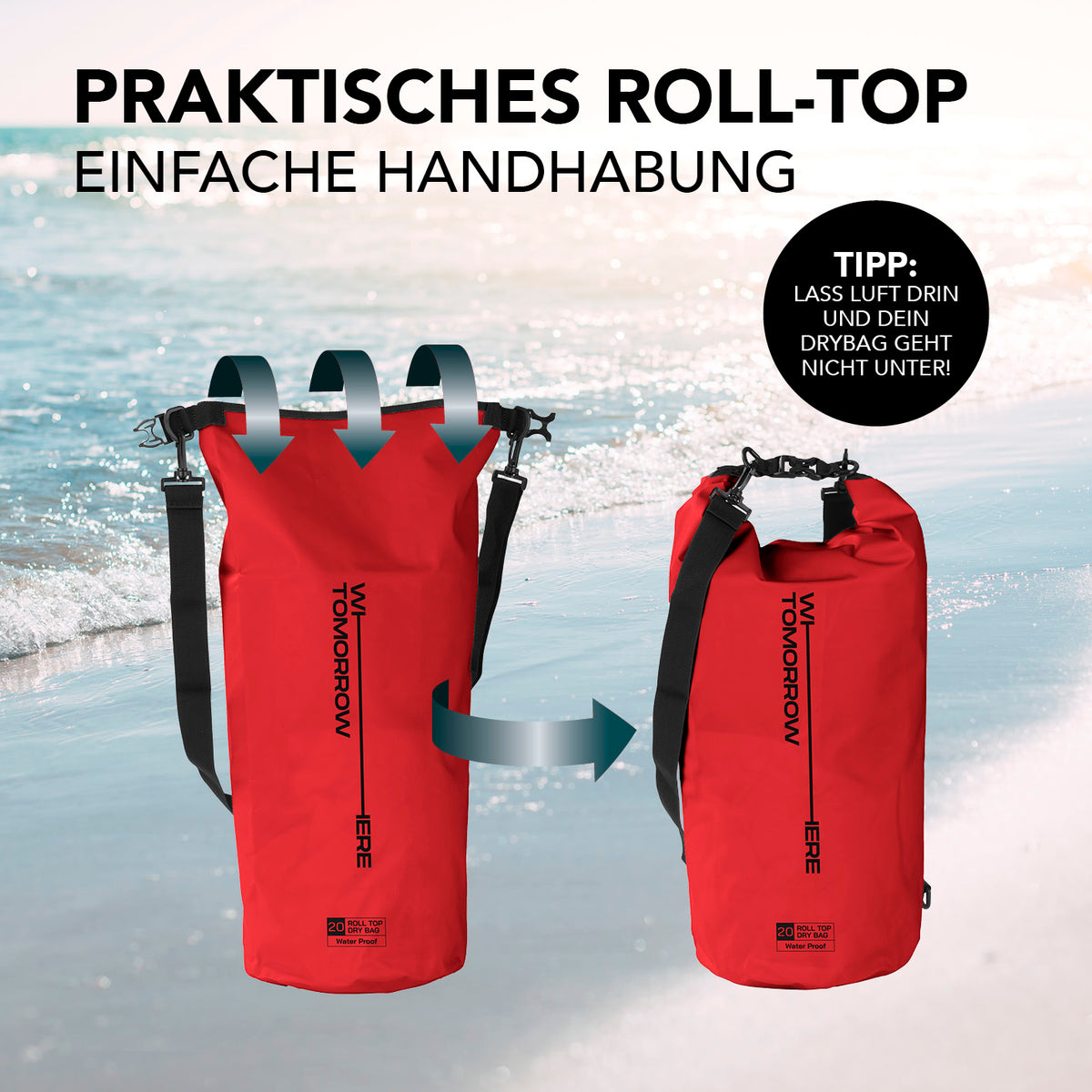 Dry Bag 20L - Style 02 - Rot mit wasserdichtem Rolltop, verstellbarem Schultergurt, ideal für Outdoor-Abenteuer am Wasser.