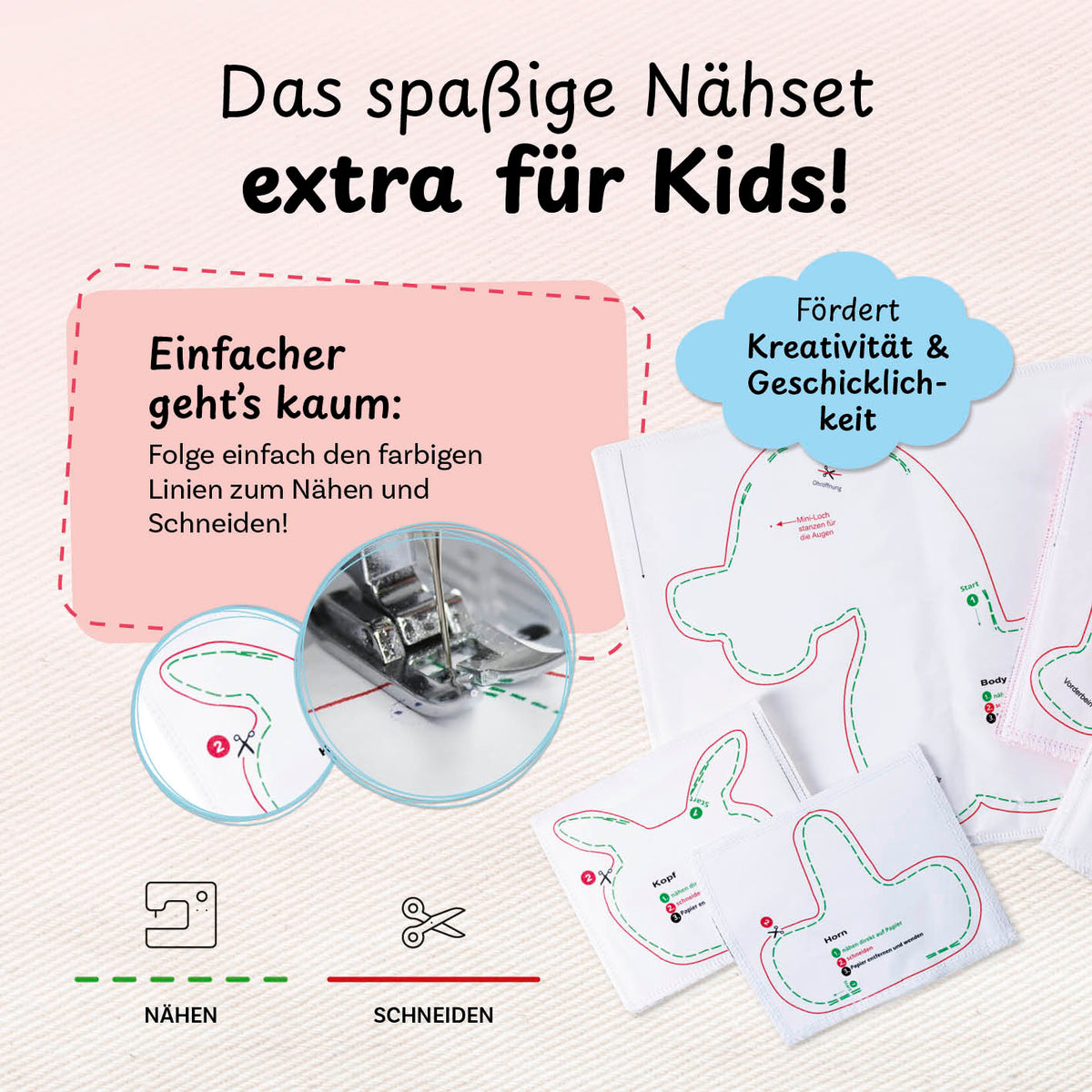 Näh-Baukastenset Motiv Einhorn Elly mit farbigen Linien für kinderleichtes Nähen und Schneiden, fördert Kreativität und Geschicklichkeit.