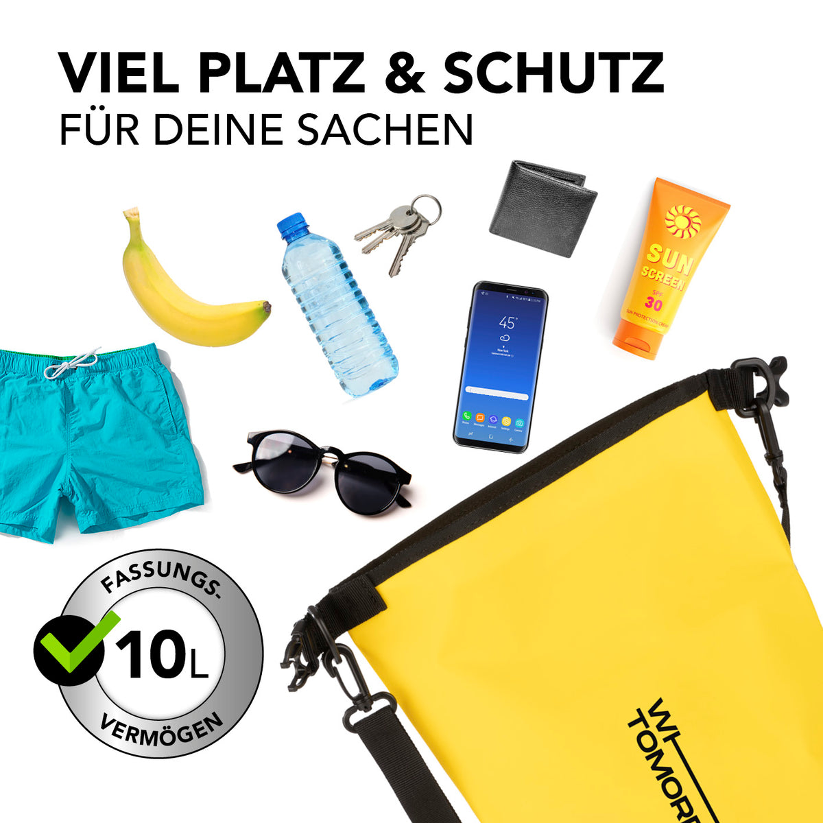 Dry Bag 10L - Style 02 - Gelb wasserdichter, robuster Outdoor-Rucksack mit Rolltop und verstellbarem Schultergurt für sichere Aufbewahrung.