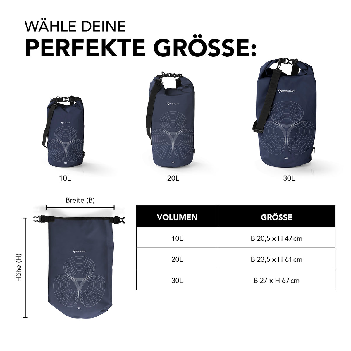 Dry Bag 30L - Dunkelblau, wasserdichter Outdoor-Rucksack mit UV-Schutz, Rolltop-Verschluss und verstellbarem Schultergurt.