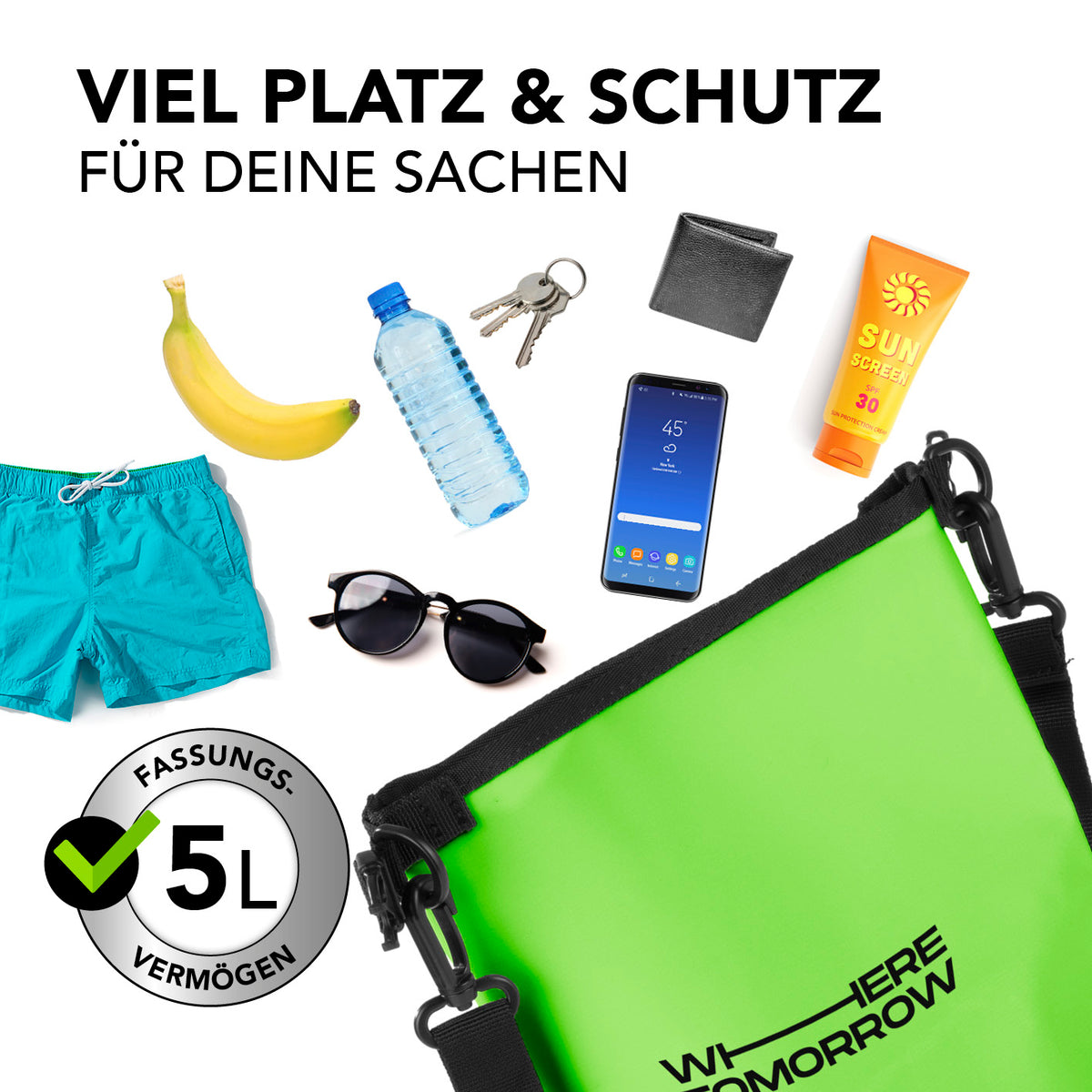 Dry Bag 5L - Style 01 - Grün, wasserfester Rucksack mit 5L Fassungsvermögen zum Schutz von Wertsachen bei Outdoor-Aktivitäten.