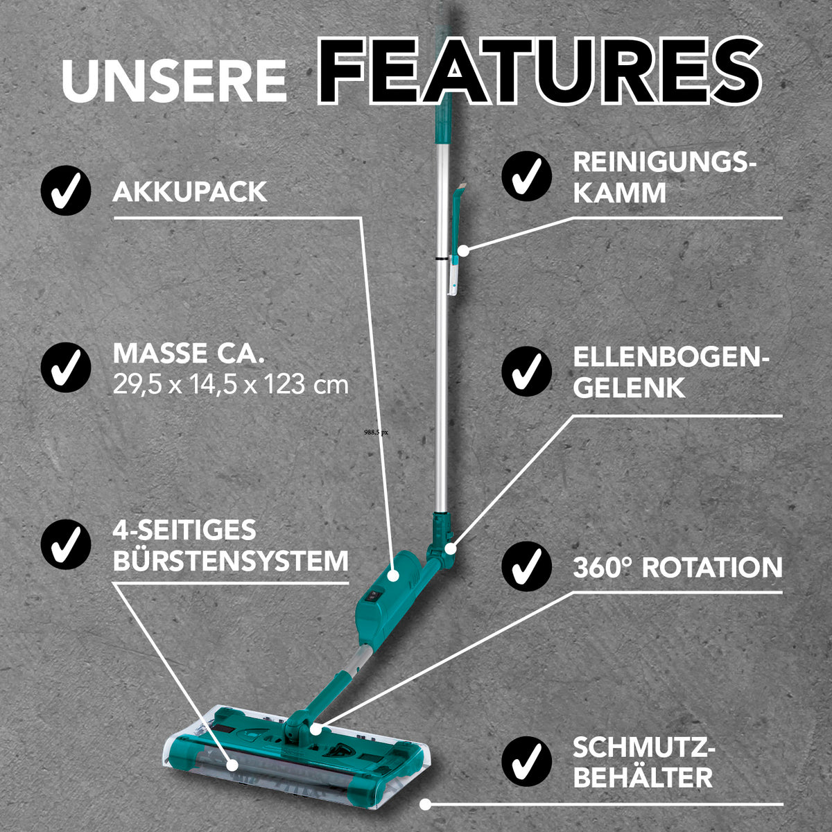 Akku-Besen Swivel Sweeper G2 + Ersatz-Akku mit 360° Rotation, Ellenbogengelenk, 4-seitigem Bürstensystem und kabellosem Akkupack.