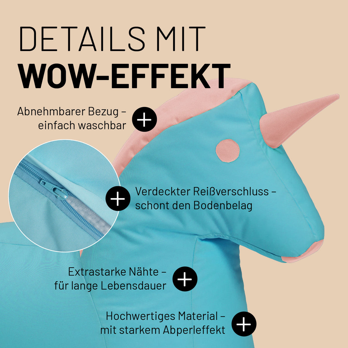 Kindersitzsack Animal Line Einhorn (120 L) in Türkis/Pastell Pink, robust, wasserabweisend, abnehmbar waschbar und mit verdecktem Reißverschluss.