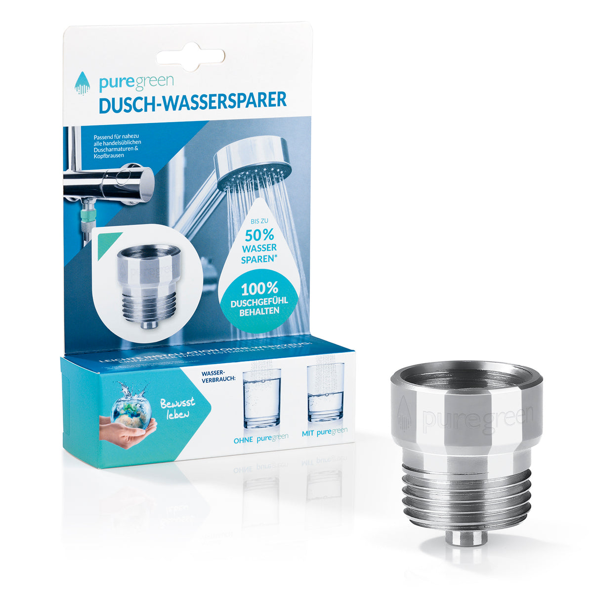 Wassersparer für die Dusche chromfarben, spart bis zu 50 % Wasser, einfache Montage, passend für Duscharmaturen und Kopfbrausen.