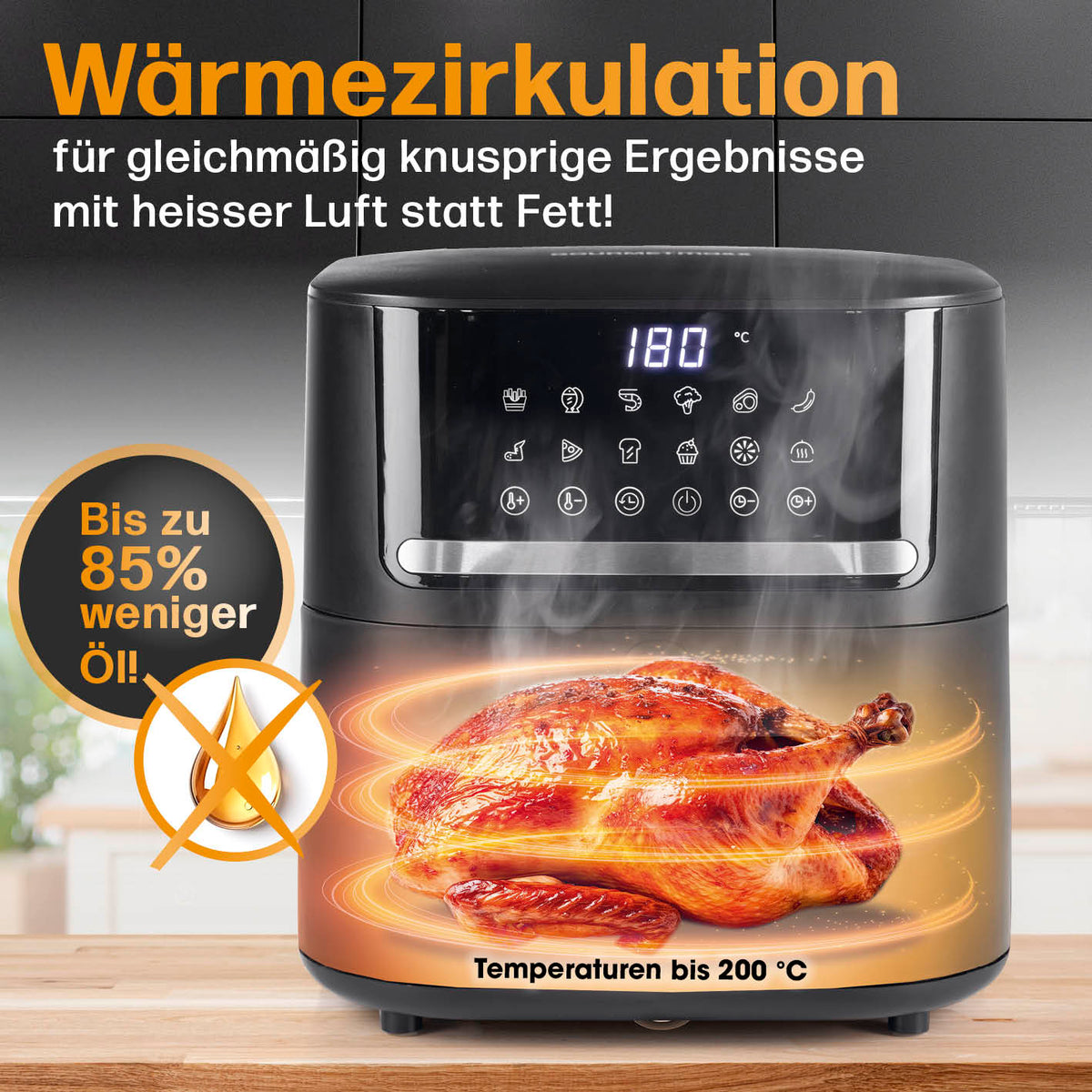 4in1-Heißluftfritteuse - 6 l mit Wärmezirkulation für knusprige Gerichte bei bis zu 85% weniger Öl bis 200 °C.