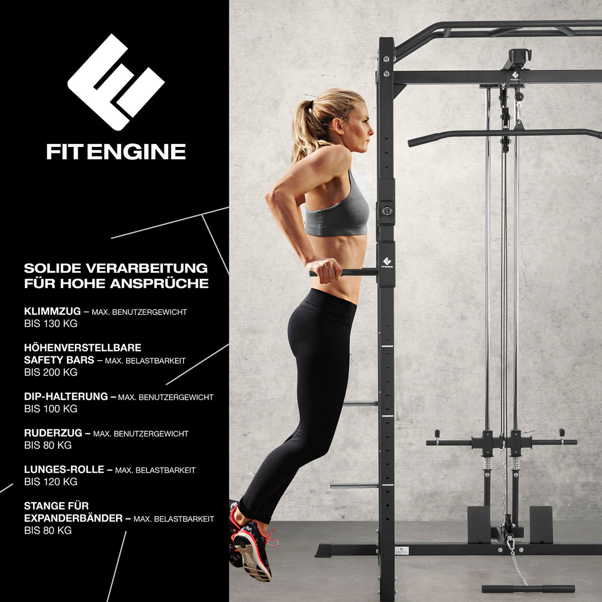 Power Rack mit Latzug, Kabelzug, Klimmzugstange, 28-fach einstellbare Spotter und 2 Safety Bars für sicheres Langhanteltraining.