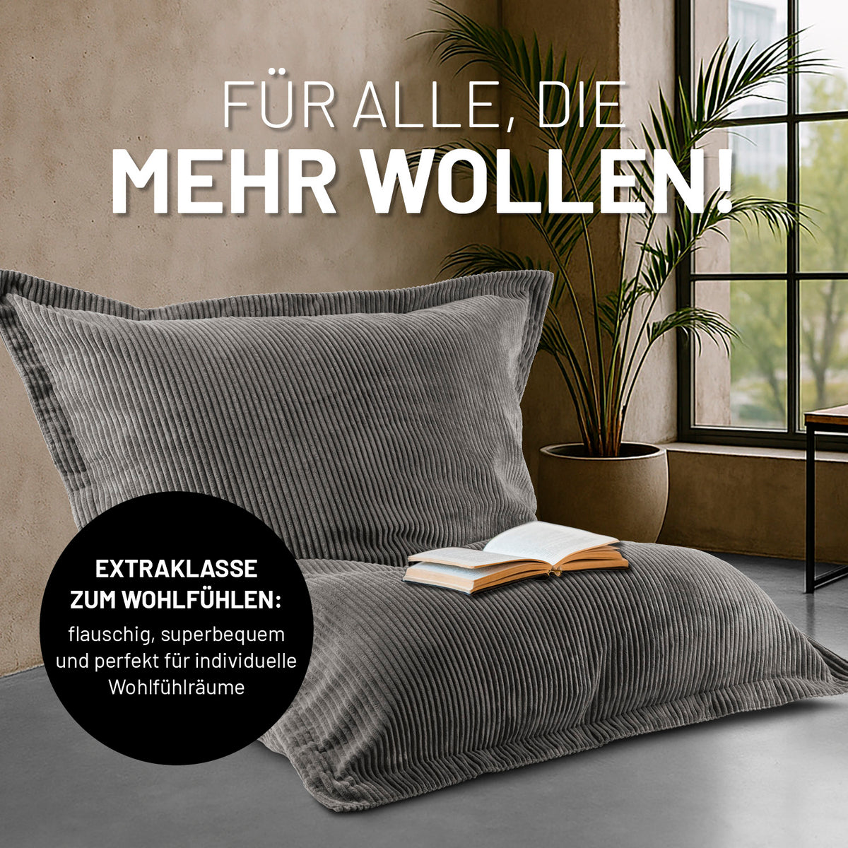 Sitzsack Classic XXL aus der LUMALAND Cord-Reihe - 380 L - 140 x 180 cm - Grau, kuscheliger Cord-Bezug, großes Polstermöbel für modernes Wohnen.