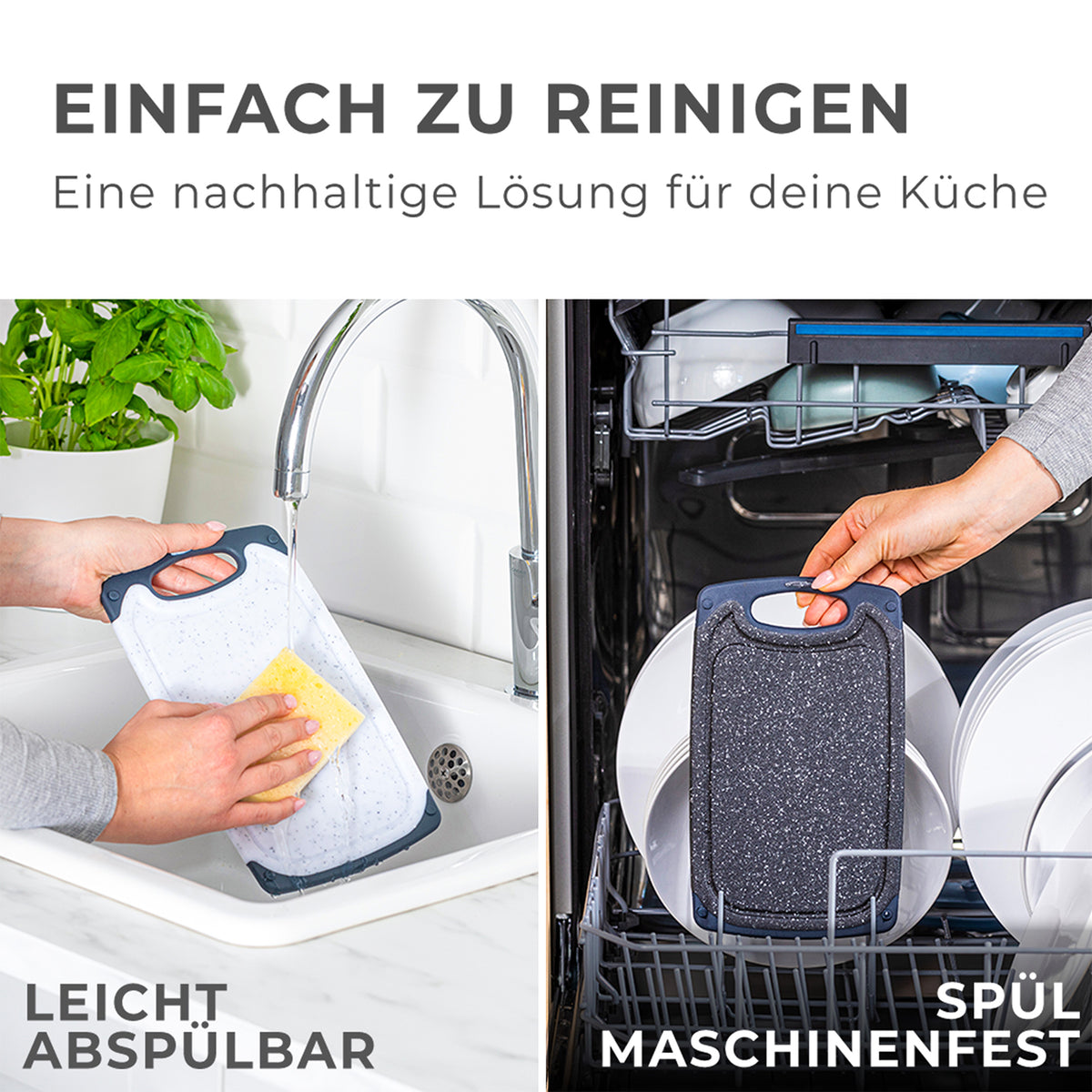 Frühstücksbrettchen - 4er-Set - Marmoroptik Schwarz, leicht abspülbar und spülmaschinenfest, rutschfest mit praktischem Griff.