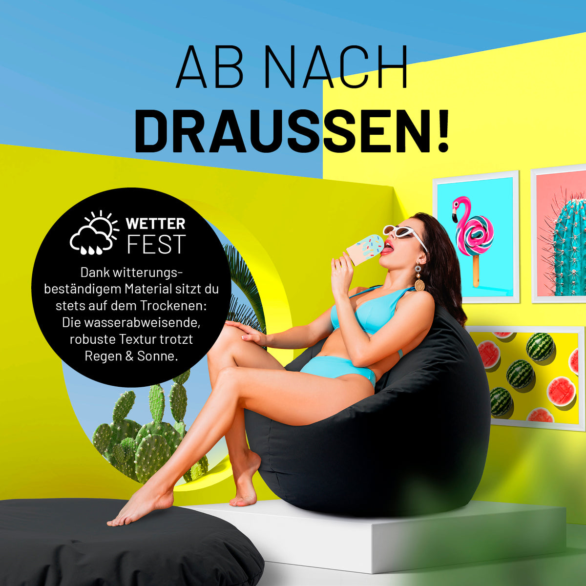 Sitzsack Drops (300 L) - schwarz, wetterfest, vielseitig für drinnen & draußen, leicht, pflegeleicht mit verstecktem Reißverschluss.