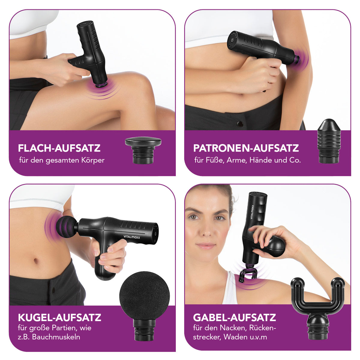 Mini-Massage Gun Smart Grip - schwarz mit 4 Aufsätzen für gezielte Massage an verschiedenen Körperstellen.