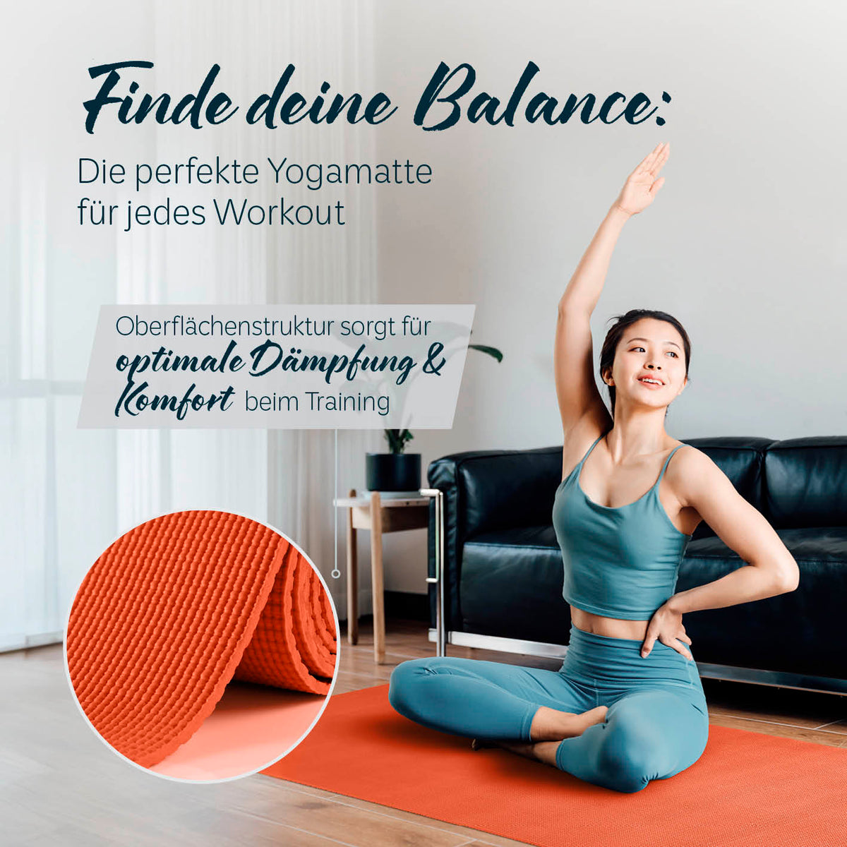 Frau beim Yoga auf der Yogamatte Kirana - 183 x 61 x 0,4 cm - Orange mit weicher Oberfläche für Komfort und Dämpfung