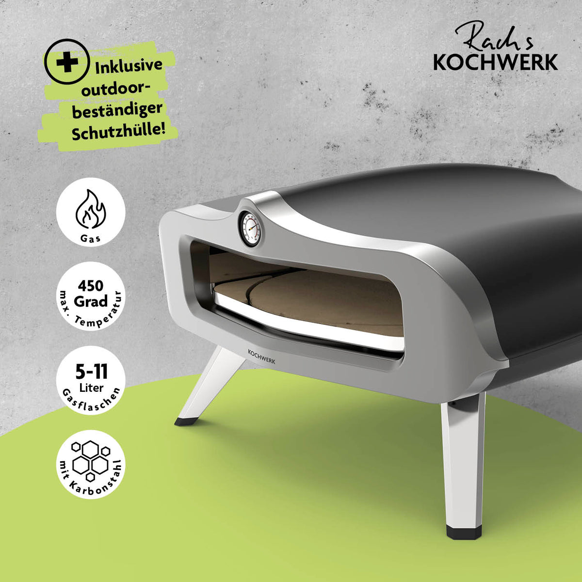 Gas-Pizzaofen für Pizzen bis zu Ø 34 cm mit 450°C, drehbarem Cordierit-Pizzastein und Thermometer zur einfachen Temperaturkontrolle.