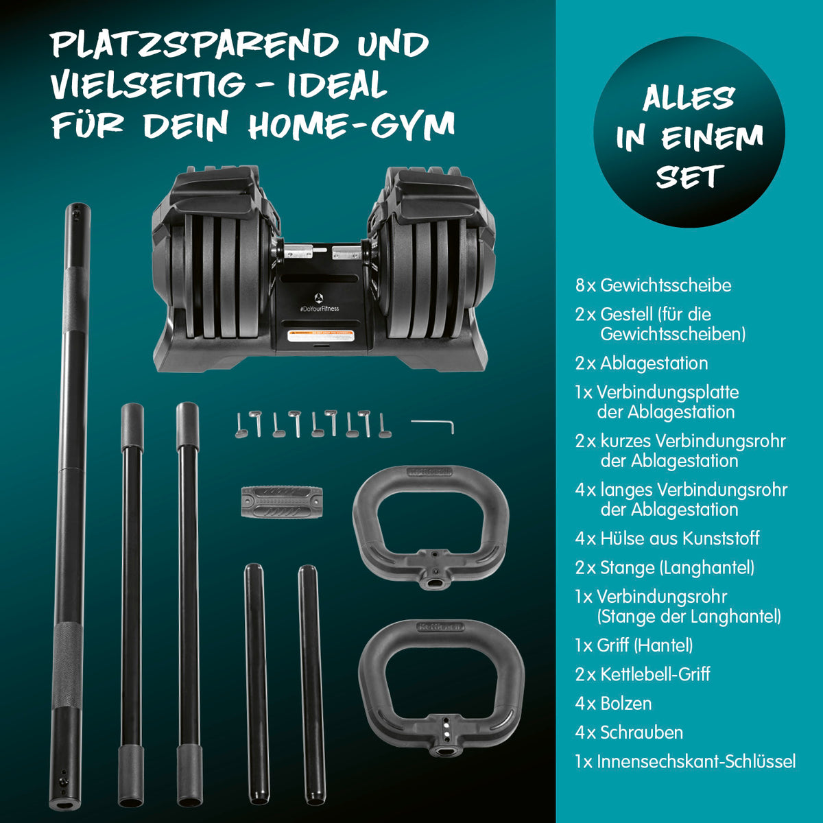 Multifunktionshantel von DoYourFitness mit Kettlebell-, Kurz- und Langhantel für flexibles Training zu Hause.