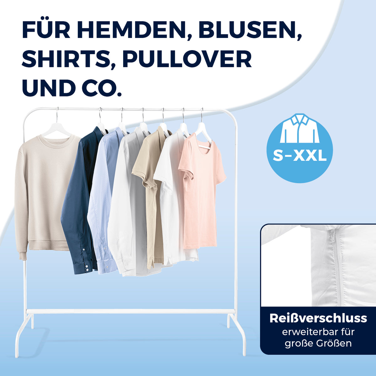 Hemdenbügler PRO KOMPAKT schwarz/silber für Hemden, Blusen, Shirts von S bis XXL, mit Reißverschluss für große Größen.
