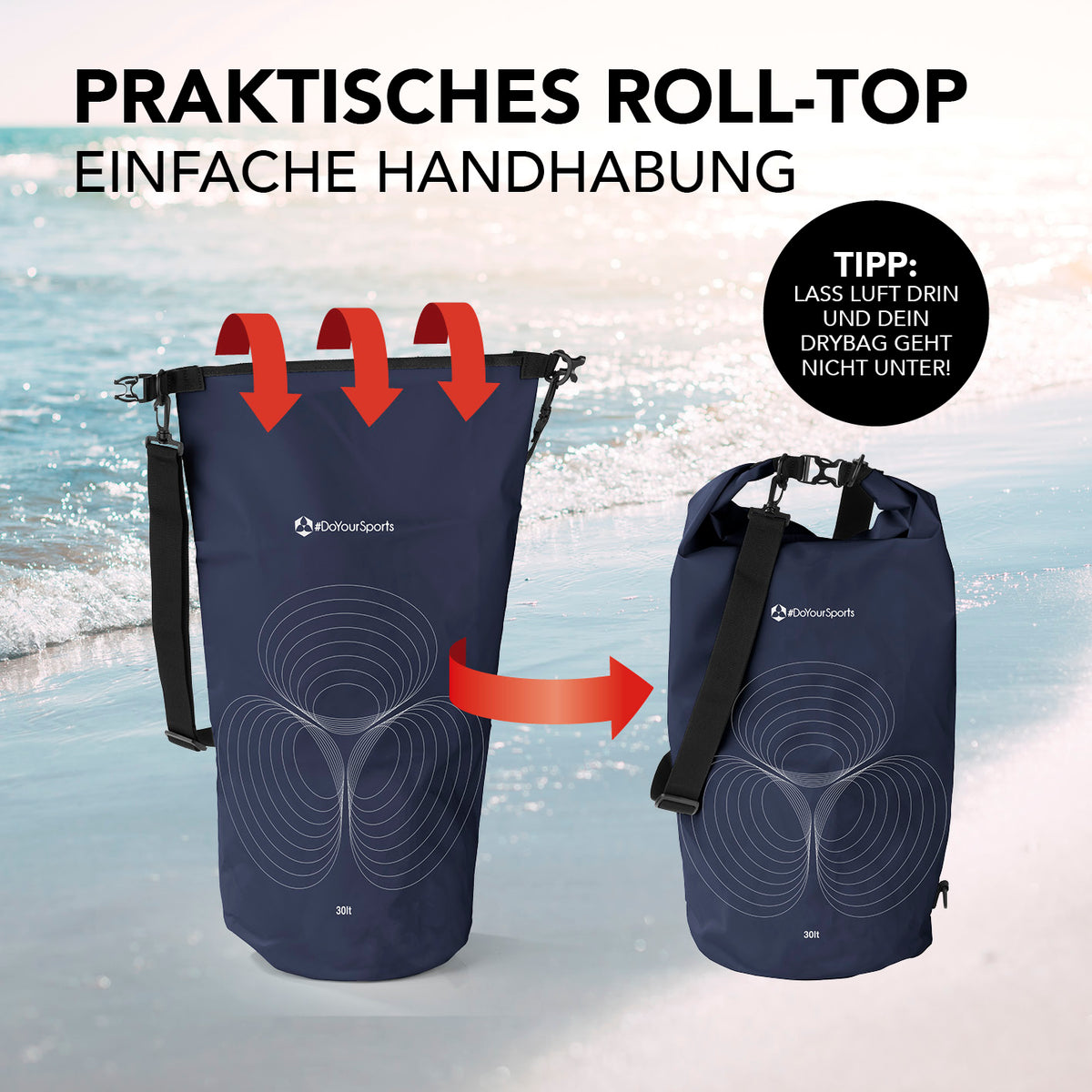 Dry Bag 30L - Dunkelblau mit wasserdichtem Rolltopverschluss für sicheren Schutz bei Outdoor-Abenteuern.