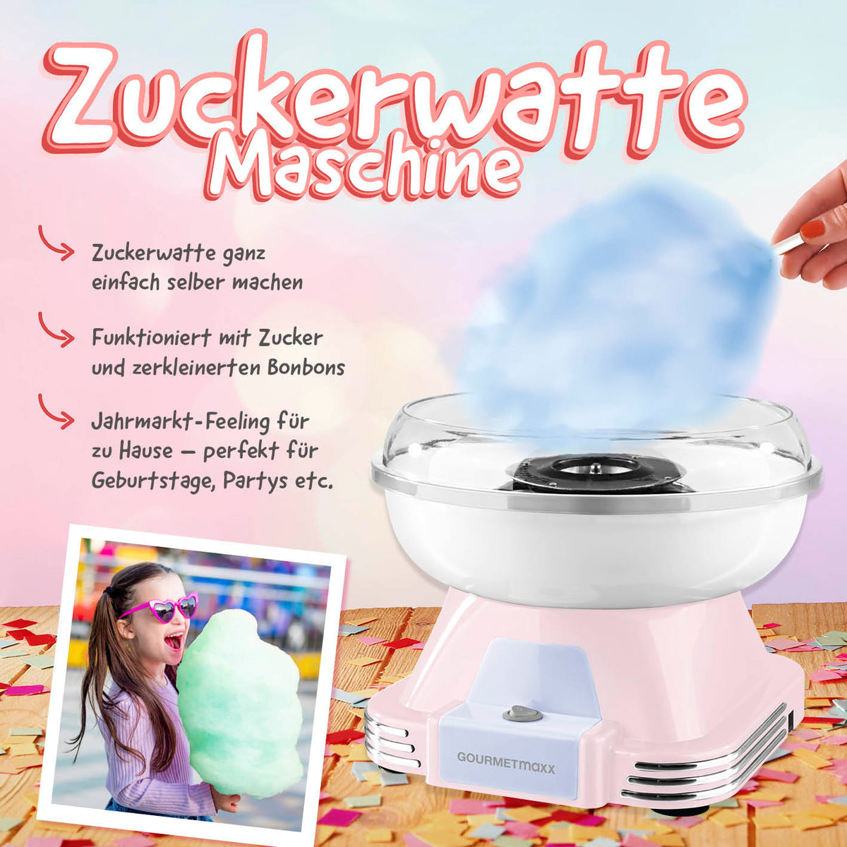 Zuckerwatte-Maschine - rosa im Retro-Stil mit abnehmbarer Schüssel und Spritzschutz für bunte Zuckerwatte zu Hause.