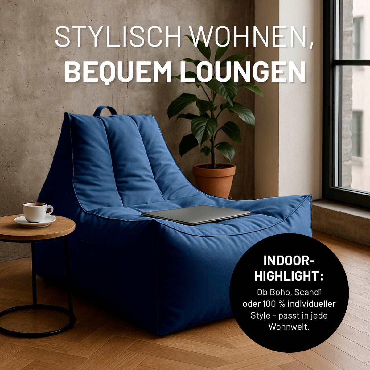 Premium Lounge-Sessel - 380 L - 100 x 100 x 80 cm - Navyblau, komfortabler Loungesessel für drinnen und draußen mit Trageschlaufe und Getränkehalter.