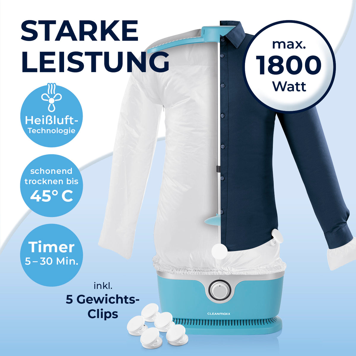 Hemdenbügler PRO - Blau mit 1800 Watt Heißluft-Technologie, 5 Gewichts-Clips und Timer für schnelles, schonendes Trocknen und Bügeln.