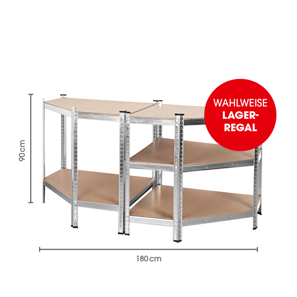 Schwerlast-Eckregal & Werkbank - 180 x 90 x 40 cm - 875 kg Traglast, 175 kg pro Ebene, Metallrahmen mit MDF-Platten, Lagerregalvariante.