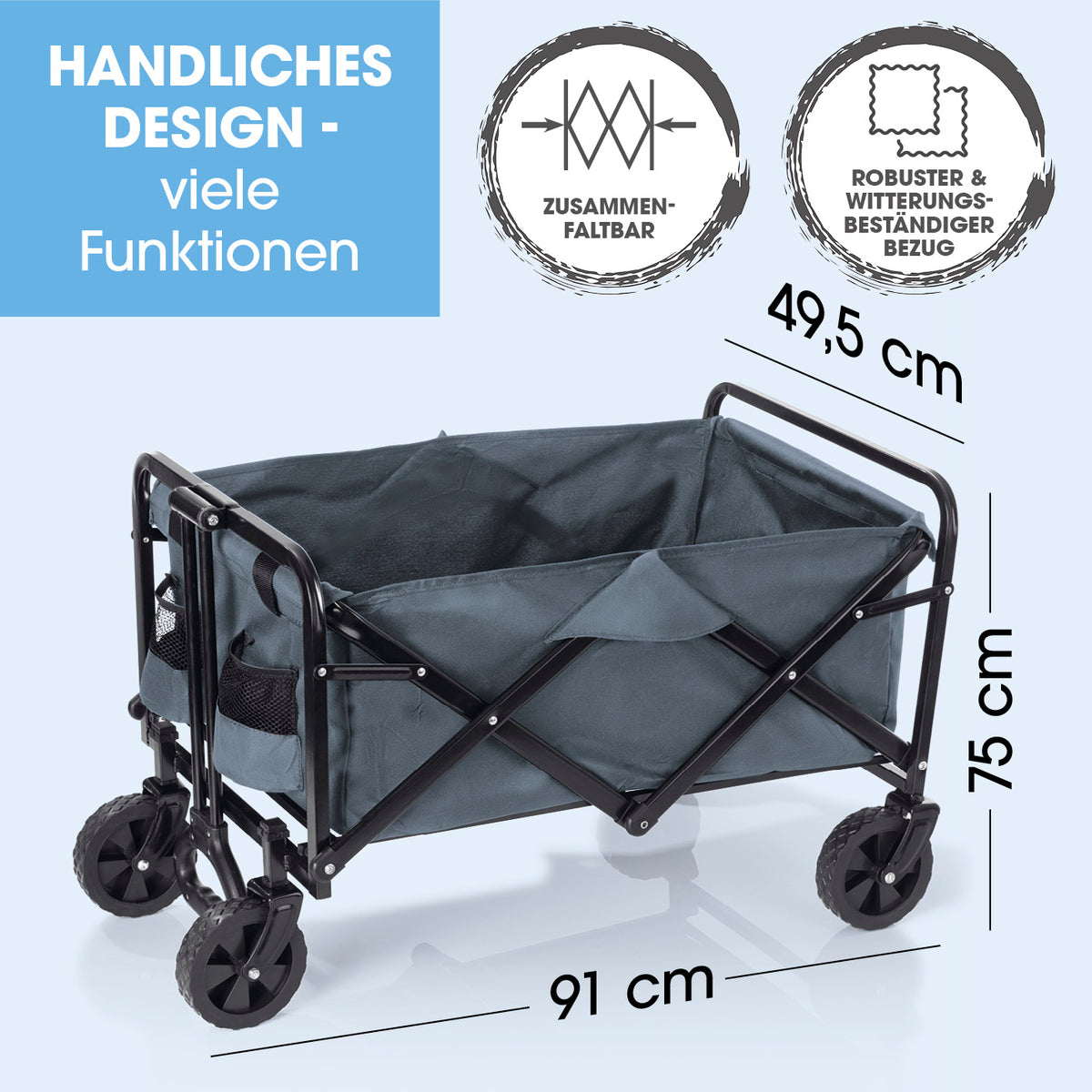 Klapp-Bollerwagen faltbar mit robustem Stahlrahmen, witterungsbeständigem Bezug und 360°-Lenkrollen, ideal für vielseitigen Transport.