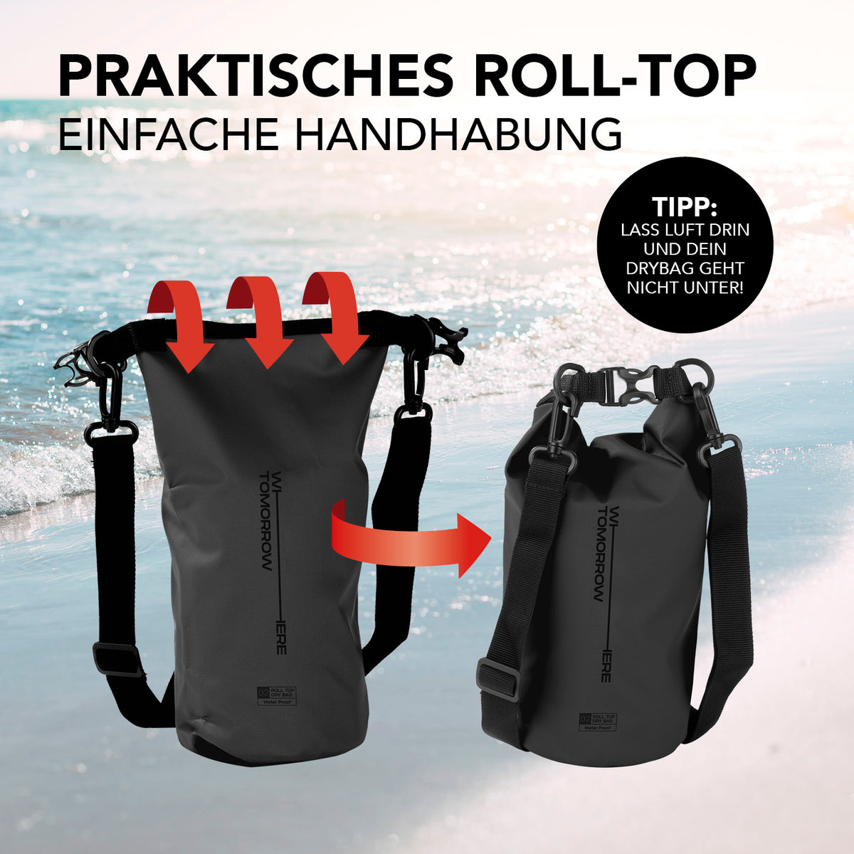 Dry Bag 2L - Style 02 - Schwarz mit wasserdichtem Rolltop-Verschluss und verstellbarem Schultergurt für sicheren Outdoor-Schutz.