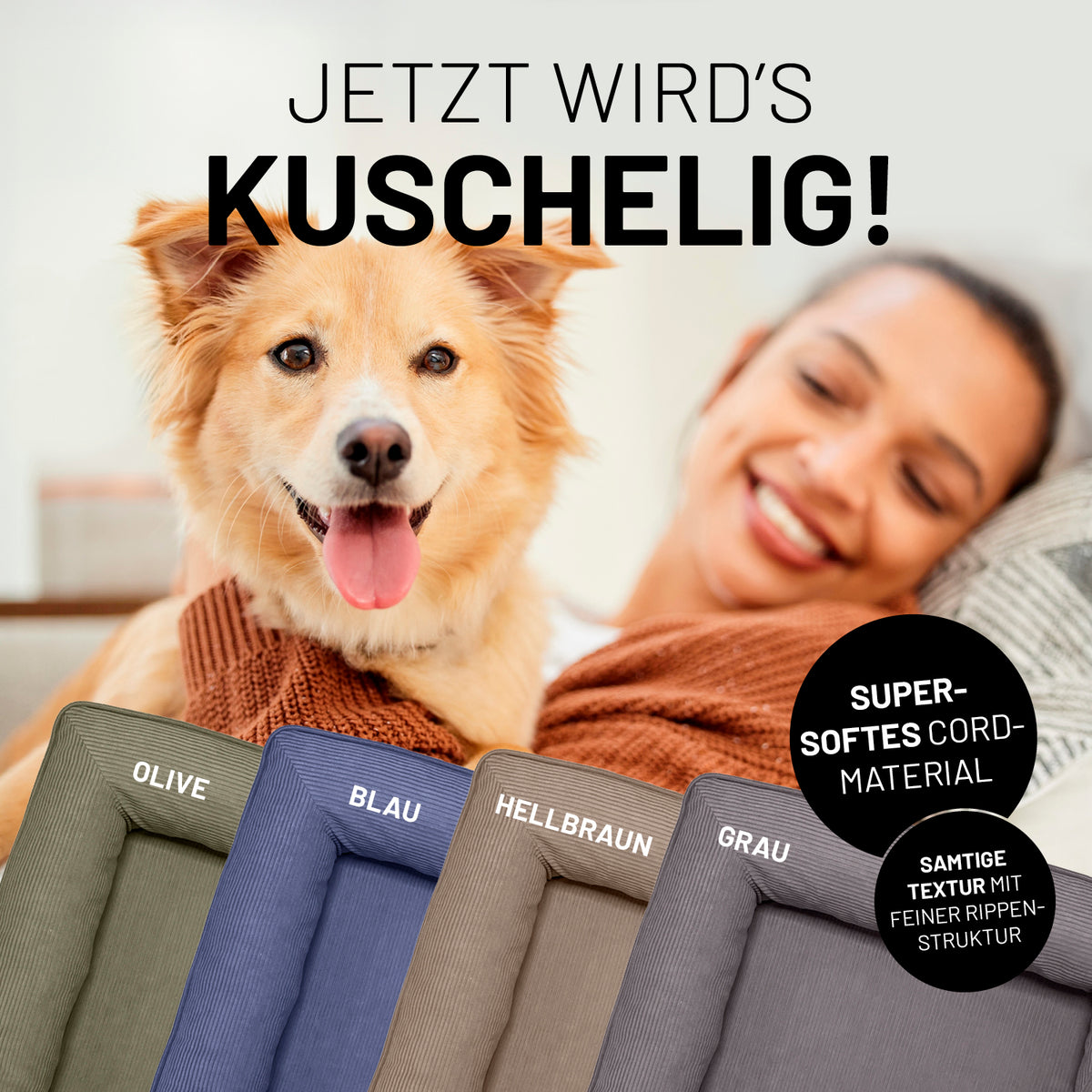Komfort-Hundebett aus der LUMALAND Cord-Reihe - Gr. S - 70 x 60 cm - Grau mit weichem Cordbezug und rutschfestem Boden.