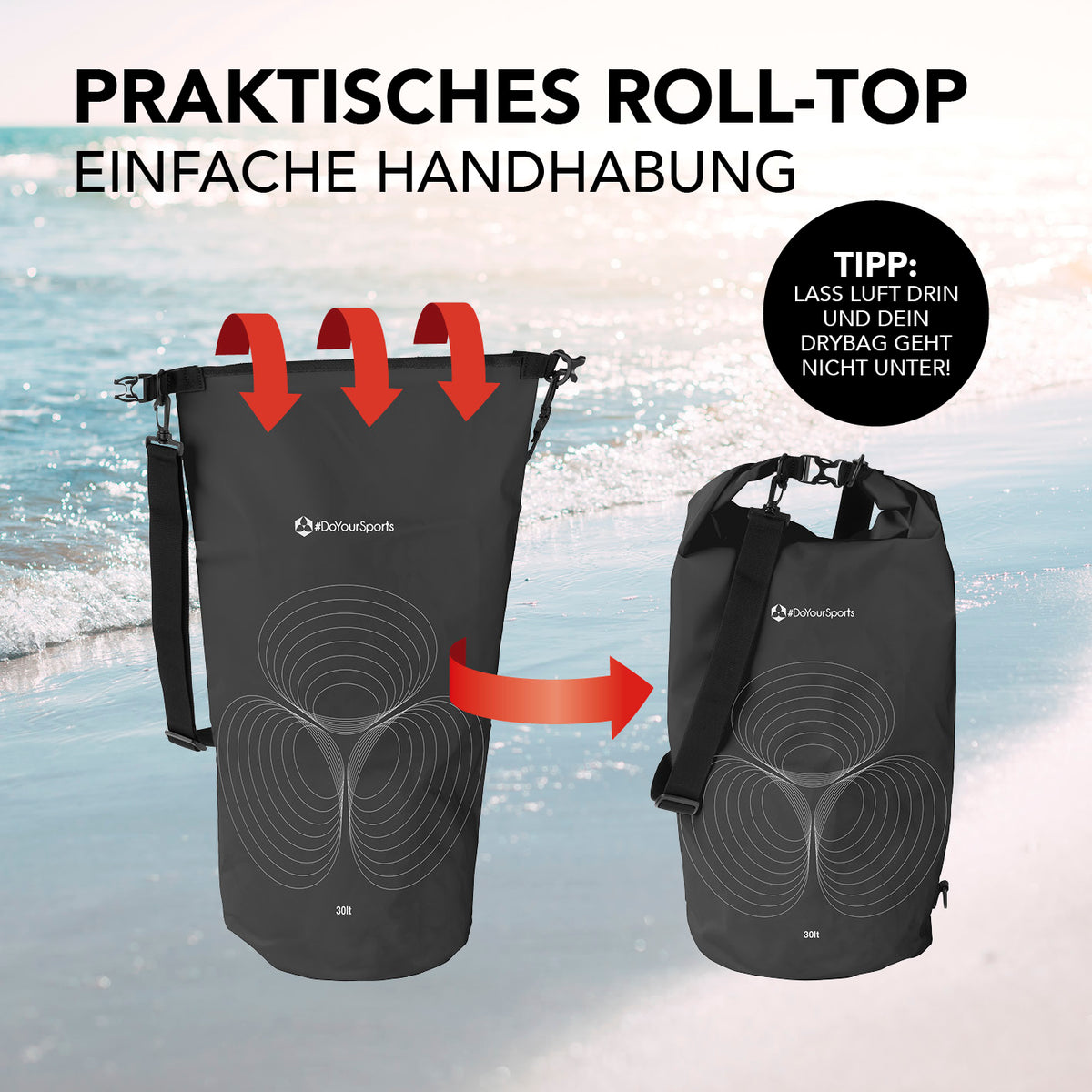 Dry Bag 30L - Schwarz mit wasserdichtem Rolltop-Verschluss und verstellbarem Schultergurt für Outdoor-Abenteuer.