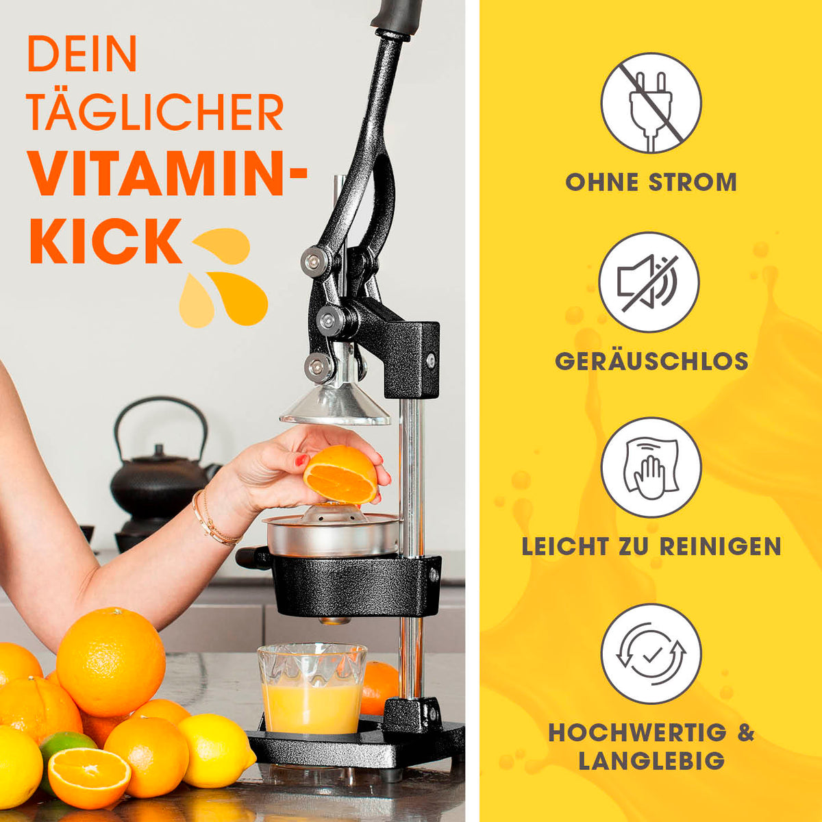 Set Saftpresse & Orangenspender - Schwarz/Silber manuelle Presse mit Orangenspender für geräuschloses und müheloses Entsaften ohne Strom.