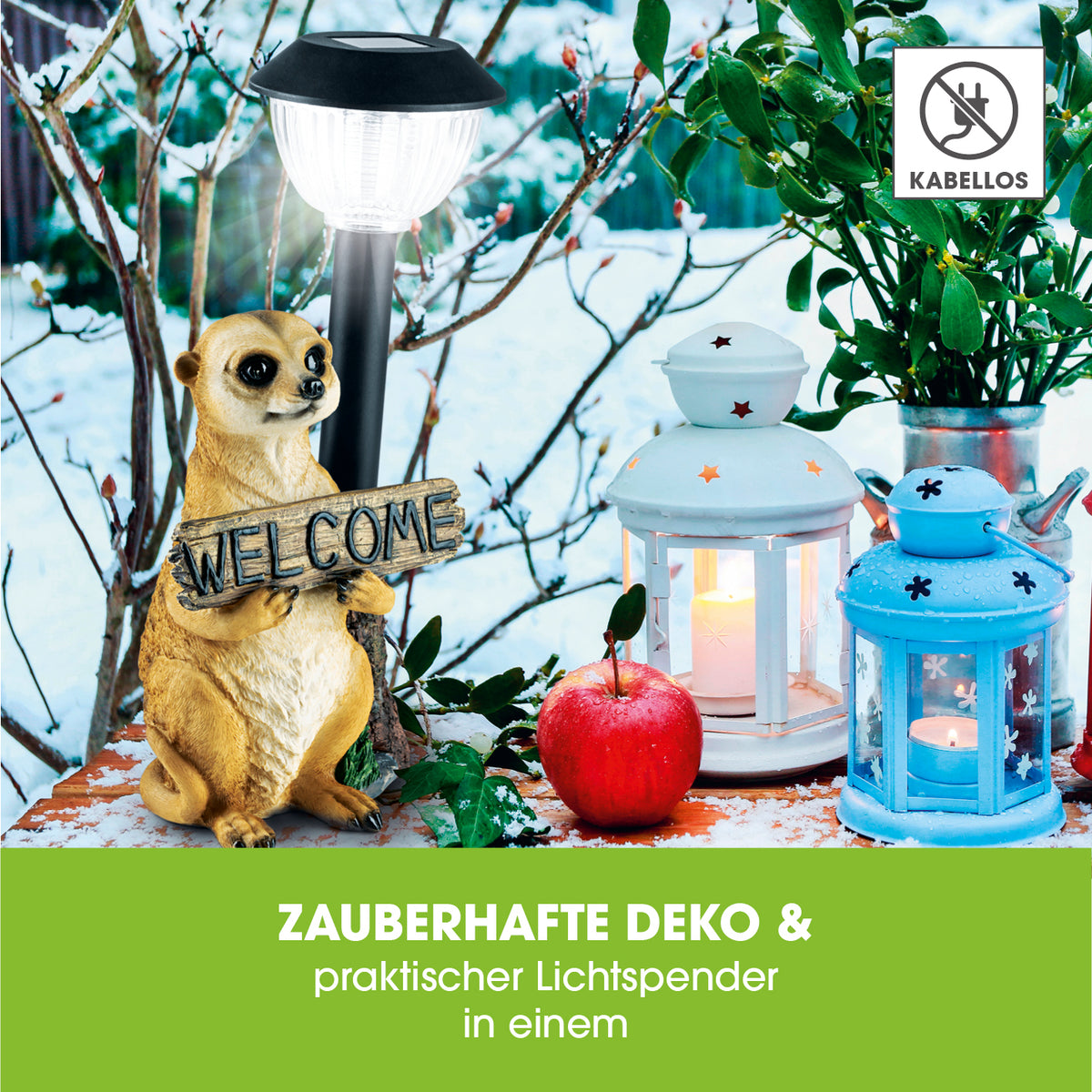 Solarleuchte Erdmännchen mit Laterne/Schild, detailgetreue Solarleuchte mit "Welcome"-Schild und LED-Licht, wetterfest und kabellos.