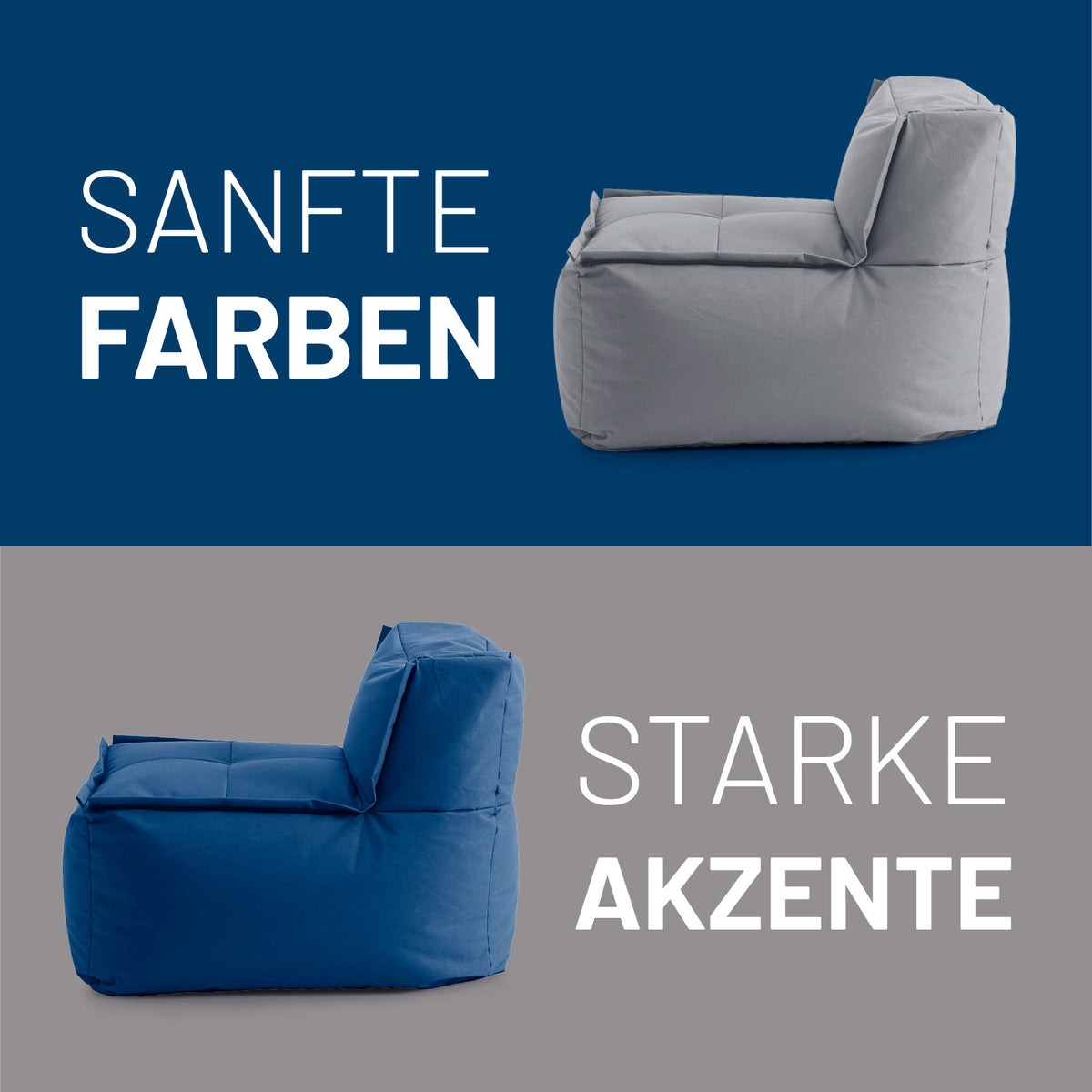 Sitzsack-Sofa Mittelstück (200 L) in Navyblau und Grau, modulares System für indoor & outdoor mit robustem, pflegeleichtem Bezug.