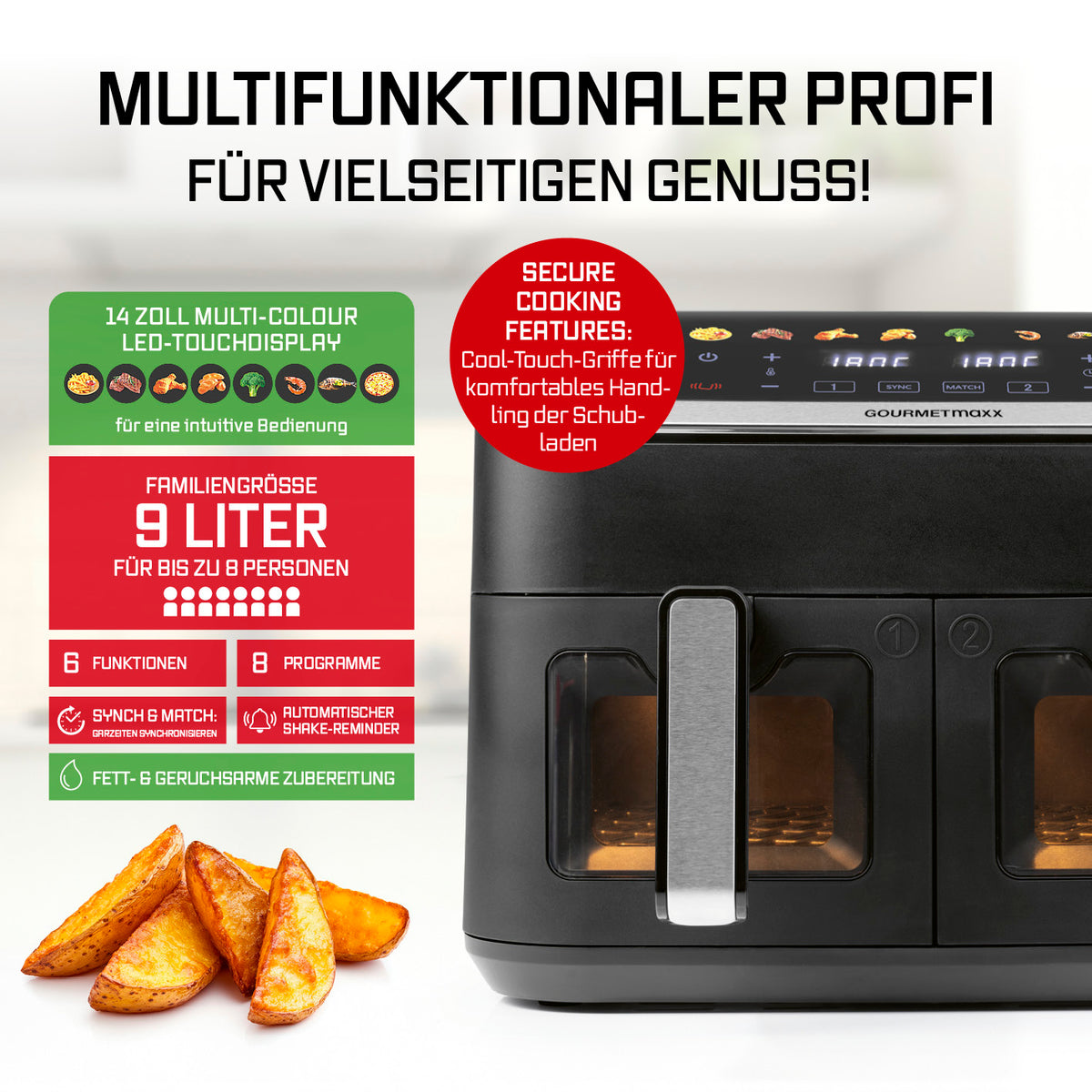 Doppelkammer-Heißluftfritteuse - 9 Liter mit 14" Touchscreen, 2 Kammern, 6 Funktionen, 8 Programme, fettarmes Frittieren für bis zu 8 Personen.