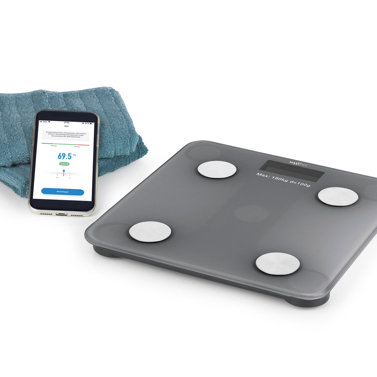 Personen-Waage Körperanalyse mit Bluetooth & App - graue digitale Körperfettwaage mit App zur Gewichtskontrolle und BMI-Berechnung.