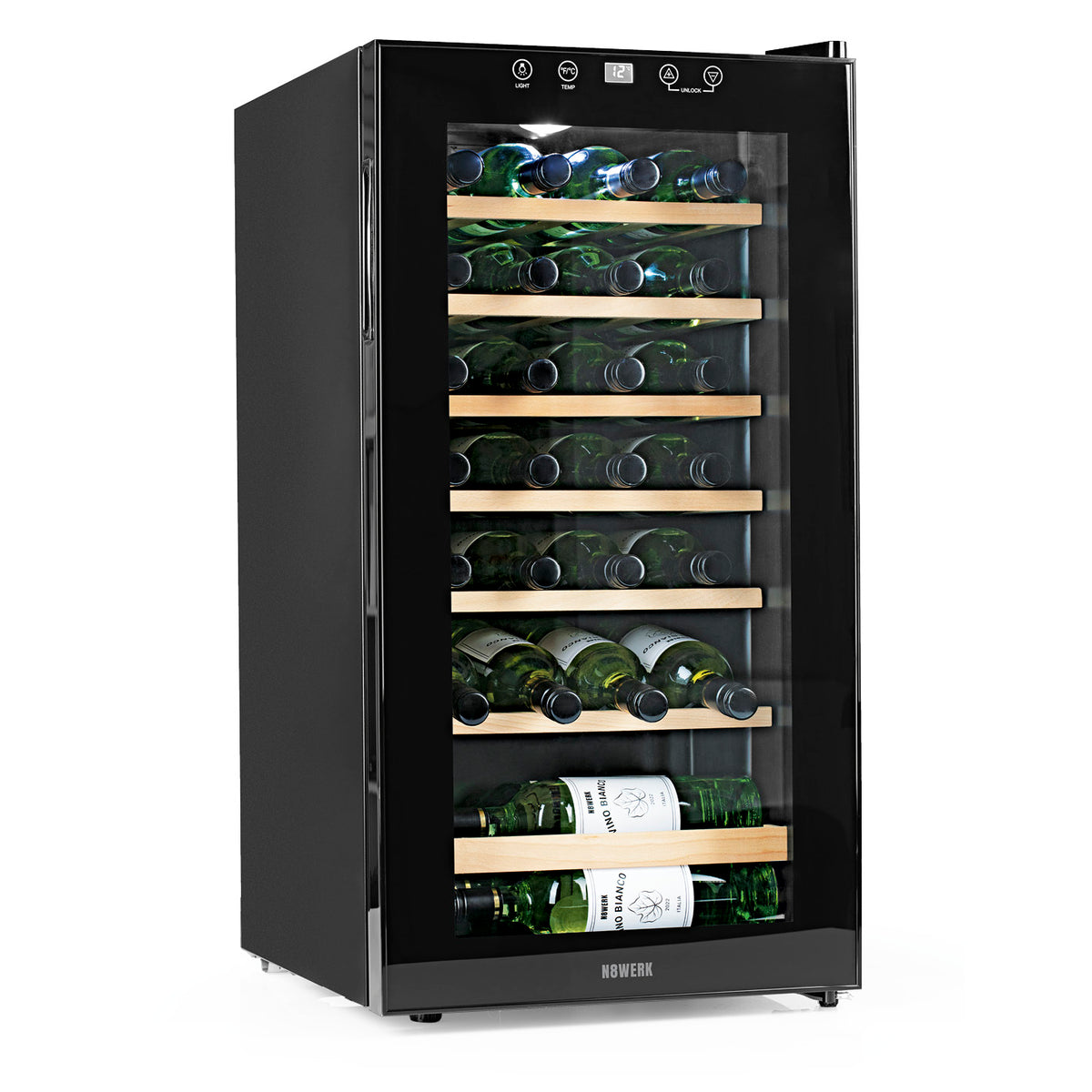 Weinkühlschrank - 28 Flaschen mit LED-Beleuchtung, leise Kompressor-Kühlung und Temperatur von 4 bis 18 °C, freistehend und stilvoll.