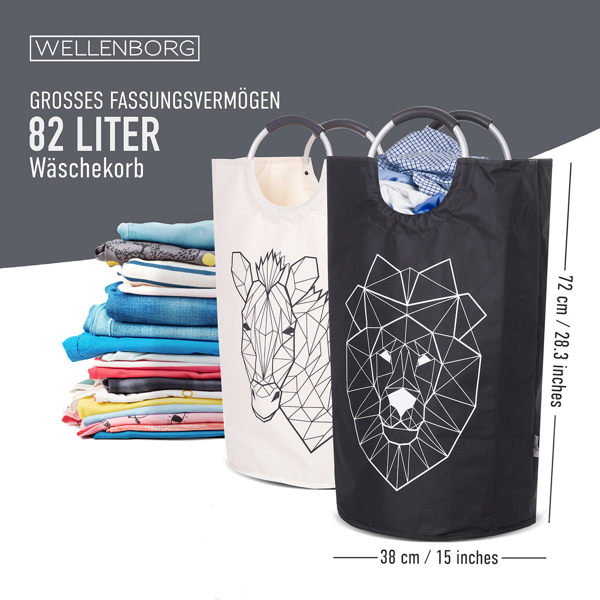 Faltbarer Wäschekorb - 2er Set - Motiv Löwe & Zebra, 82 Liter Fassungsvermögen, wasserabweisend, platzsparend und mit robusten Henkeln.