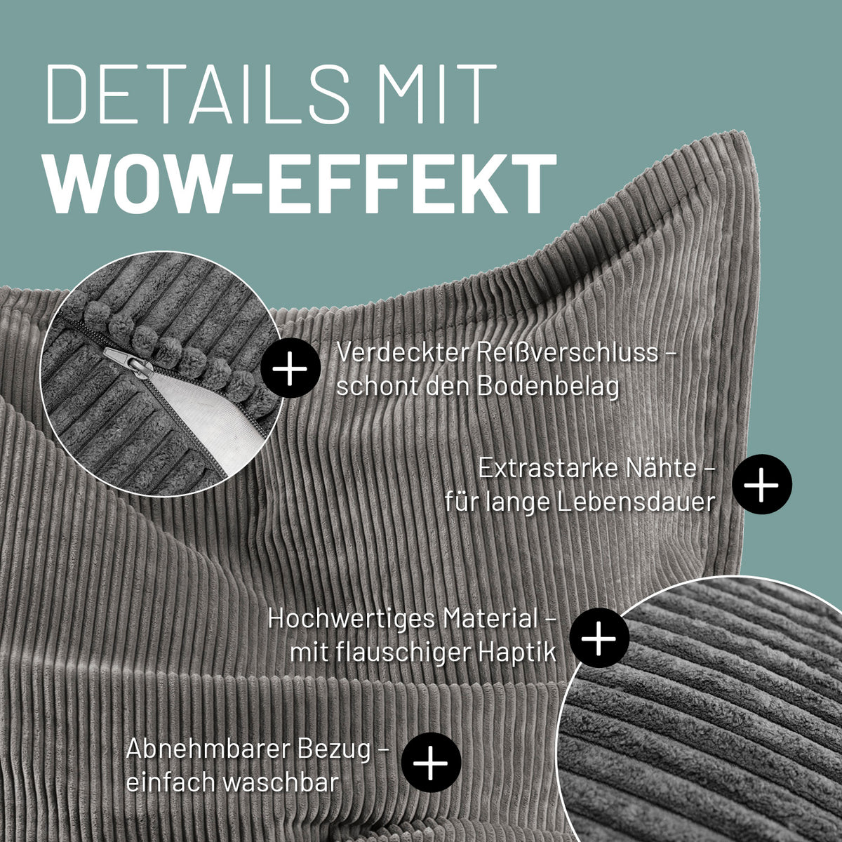 Sitzsack Classic XXL aus der LUMALAND Cord-Reihe - 380 L - 140 x 180 cm - Grau mit verdecktem Reißverschluss und abnehmbarem Bezug