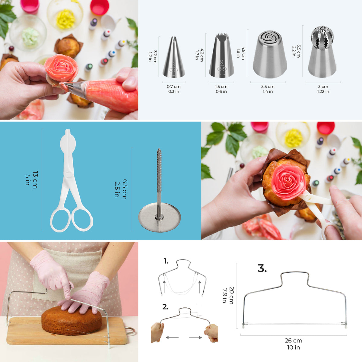Drehbare Tortenplatte - 28 cm - 51-tlg. Set mit Spritztüllen, Bodenteiler, Dekorationswerkzeugen für Torten, Kuchen und Cupcakes.