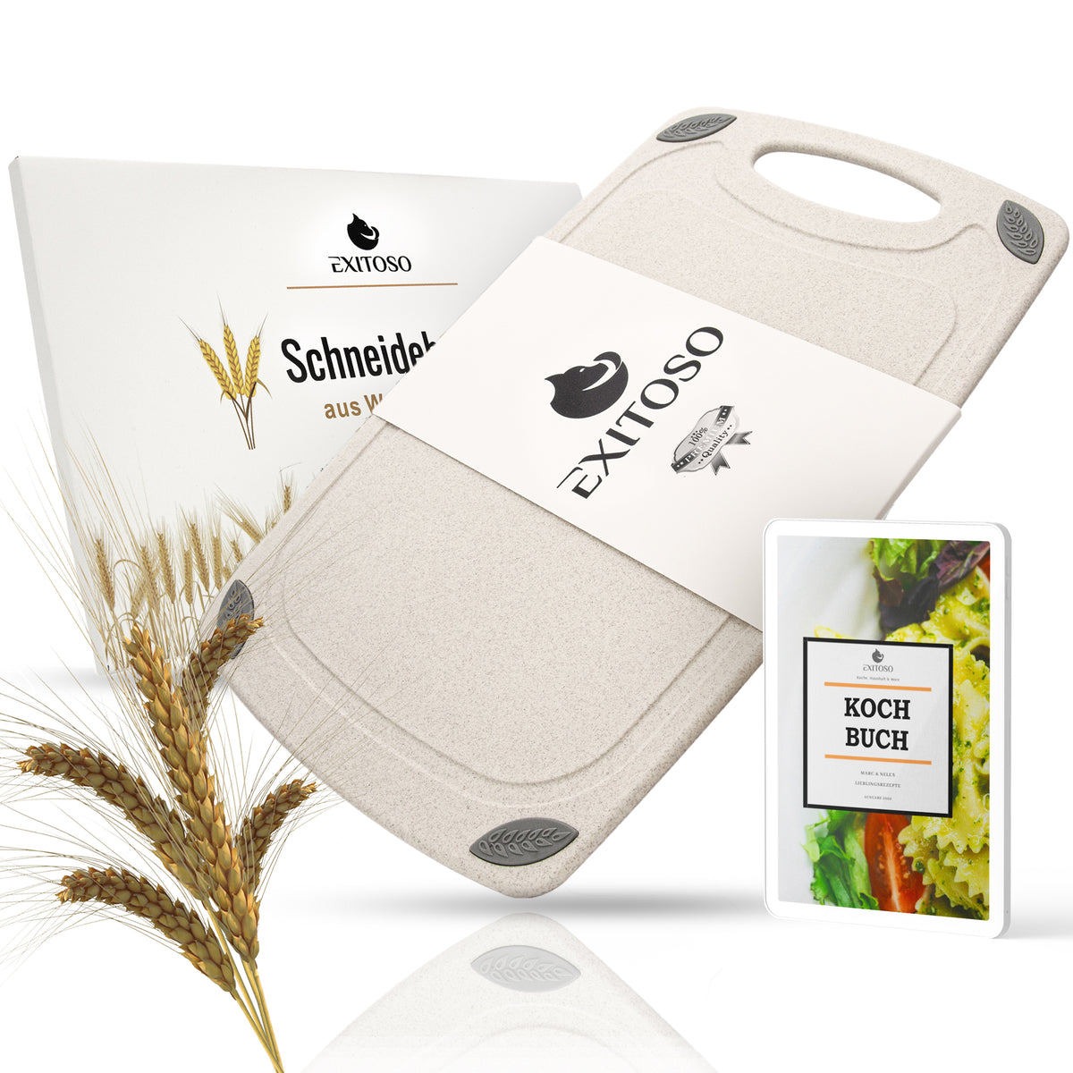 Schneidebrett aus PP-Material & Weizenstroh - Beige mit rutschfesten Ecken, stilvoller Verpackung und digitalem Kochbuch im Set.