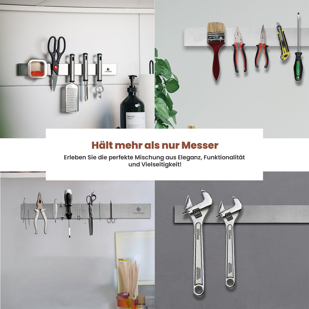 Edelstahl Magnetleiste für Messer - selbstklebend, hält Messer und Werkzeuge sicher, stilvoll und platzsparend in Küche oder Werkstatt.