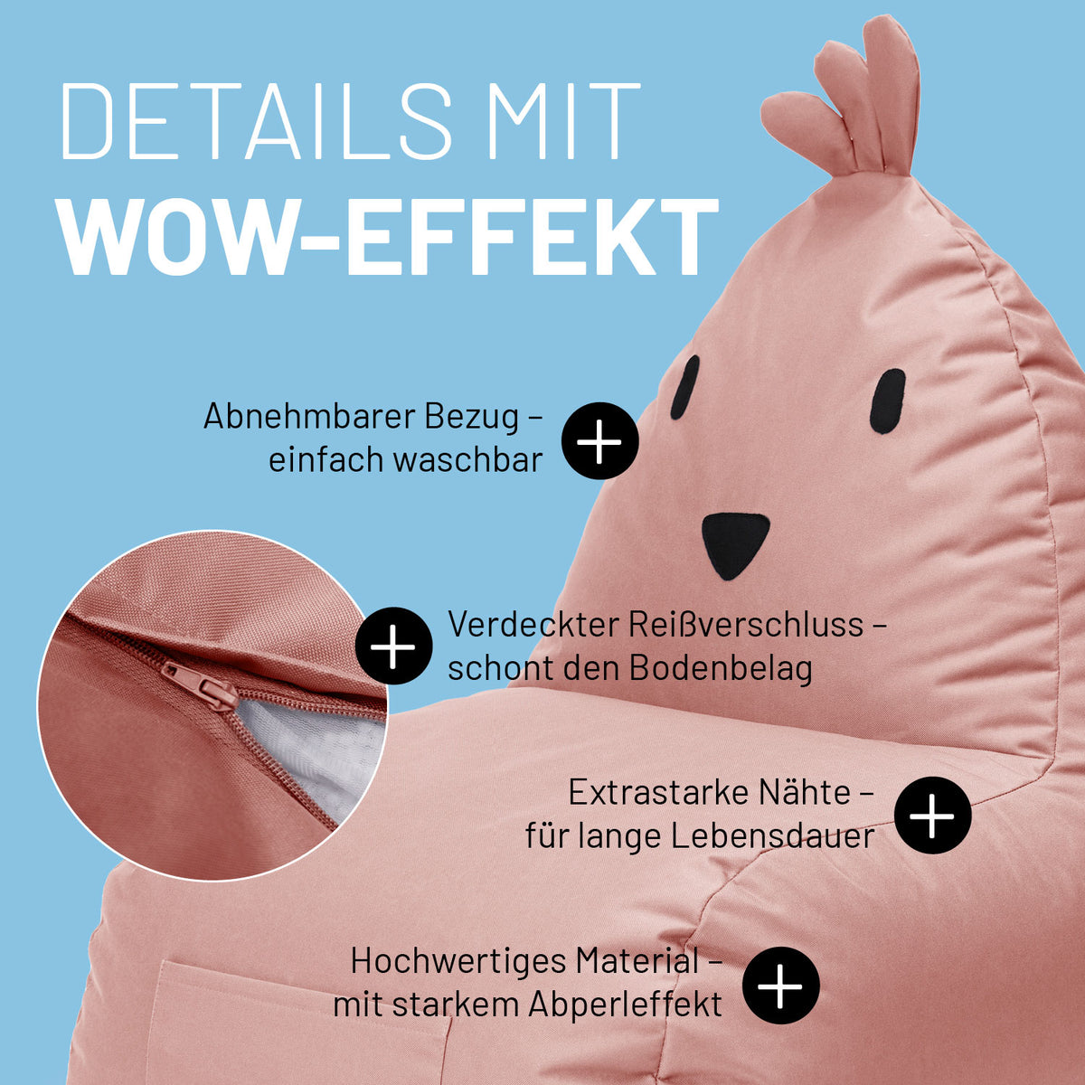 Kindersitzsack Animal Line Chick (200 L) Pastell Pink, wasserabweisend, abnehmbarer Bezug, verdeckter Reißverschluss, robust für drinnen & draußen.