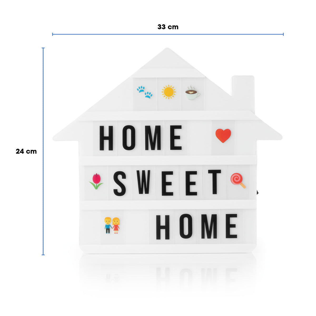 LED-Leuchtkasten Haus - 173 Buchstaben & 150 Moodjis mit dem Schriftzug "Home Sweet Home" und bunten Moodjis in Hausform.