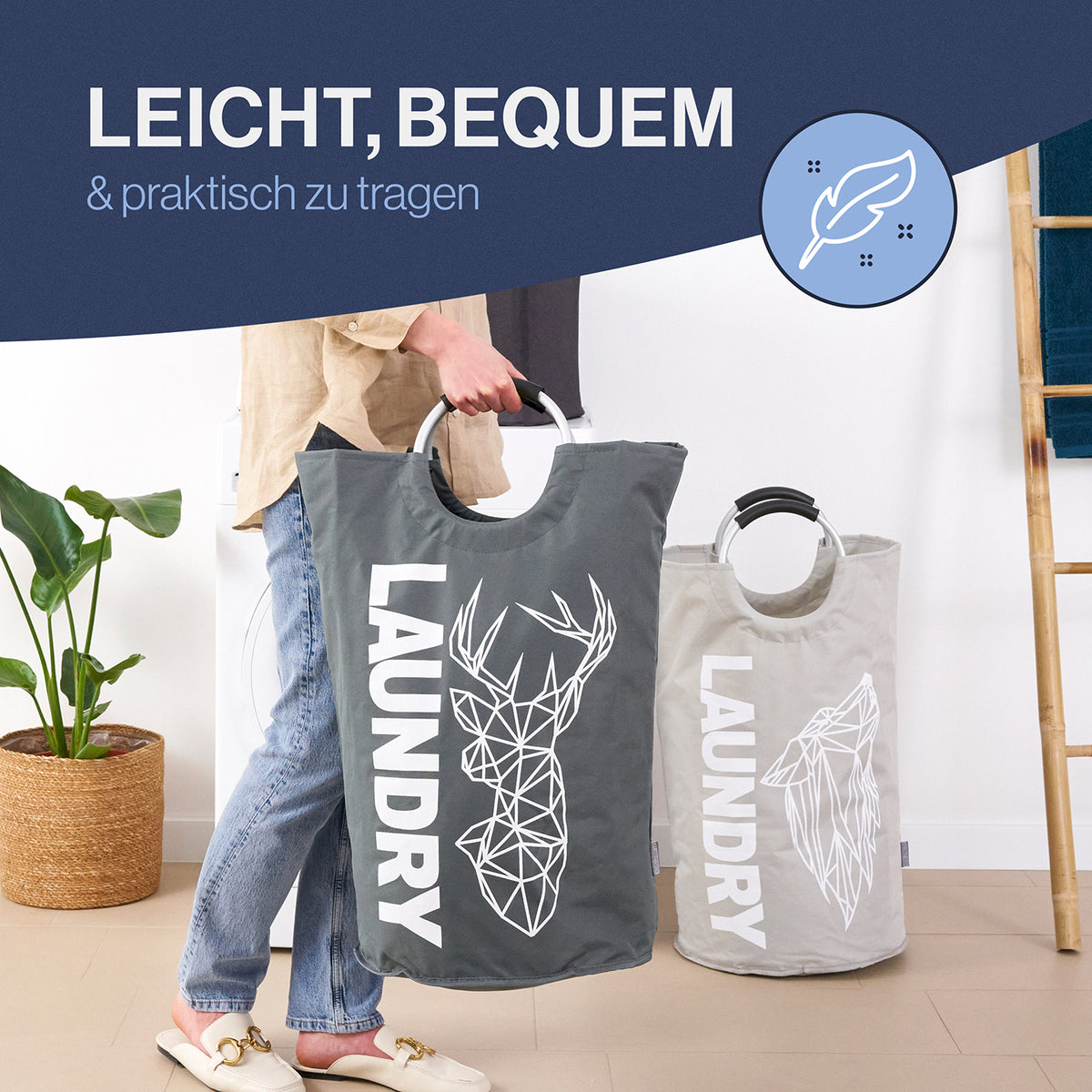 Faltbarer Wäschekorb - 2er-Set - Motiv Wolf & Hirsch, wasserabweisend, leicht tragbar, 82 Liter Volumen, faltbar und platzsparend.