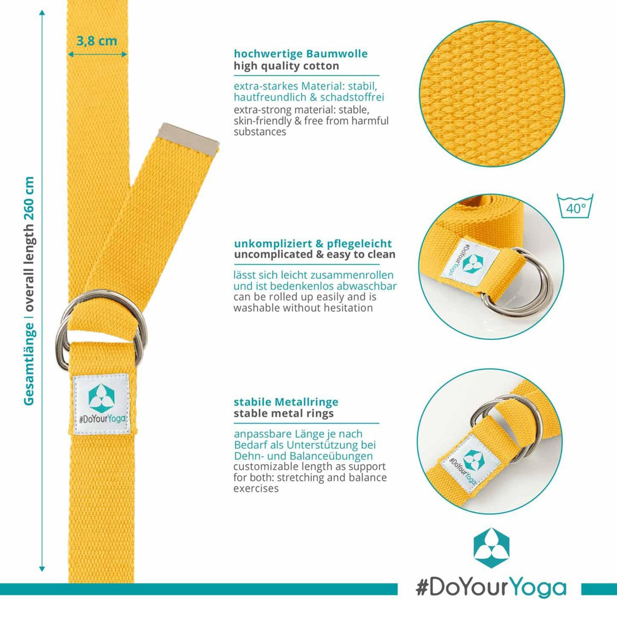 Yogagurt Madira - 250 x 3,8 cm - Gelb aus hochwertiger Baumwolle, waschbar bis 40 Grad, mit stabilen Metallringen für einfaches Yoga-Stretching.